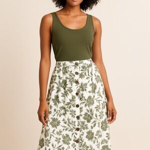 Kohl's Olive and White Floral Print Skirt Featuring Button-Front Size XX Large